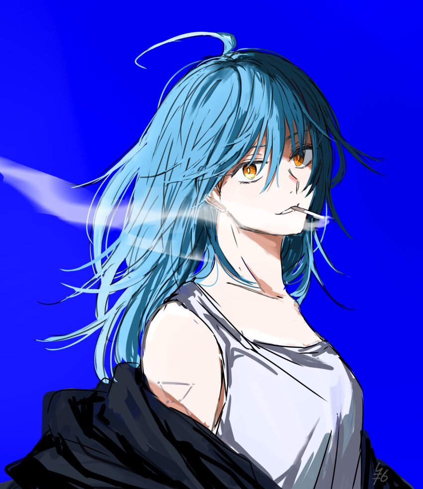 1girl akao_rion arm_tattoo bare_shoulders black_jacket blue_background blue_hair breasts highres jacket light_smile long_hair medium_breasts open_clothes open_jacket rokuen_skd sakamoto_days sleeveless smoke smoke_trail smoking solo tattoo yellow_eyes