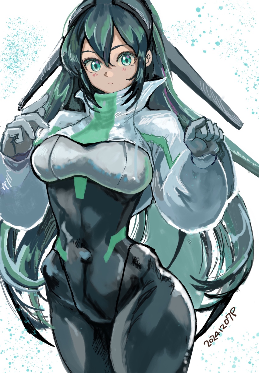 1girl bodysuit breasts covered_navel cropped_legs green_eyes green_hair green_theme gundam gundam_build_divers gundam_build_divers_re:rise highres long_hair may_(gundam_build_divers_re:rise) okrdisk2000 small_breasts solo very_long_hair white_background