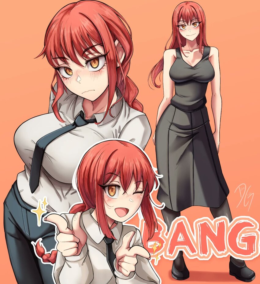 1girl alternate_hairstyle black_dress black_necktie black_pants black_shoes braid braided_ponytail breasts chainsaw_man choppy_bangs closed_mouth collarbone collared_shirt commentary crossed_bangs dilan_griz dress english_commentary highres large_breasts long_hair long_sleeves looking_at_viewer makima_(chainsaw_man) multiple_views necktie one_eye_closed open_mouth orange_background orange_eyes pants pointing pointing_at_viewer red_hair ringed_eyes shirt shoes sidelocks simple_background sleeveless sleeveless_dress smile standing straight_hair white_shirt