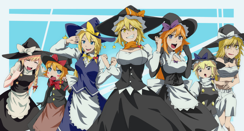 aasamu absurdres akane_(cookie) apron black_bow black_bowtie black_capelet black_eyes black_gloves black_headwear black_skirt black_vest blonde_hair bloomers blue_bow blue_eyes blue_headwear blue_skirt blush bow bowtie braid breasts bright_pupils buttons capelet cleavage_cutout clothing_cutout commentary_request cookie_(touhou) elbow_gloves feet_out_of_frame flat_chest frilled_apron frills gloves hair_between_eyes hair_bow hands_on_own_stomach hat hat_bow highres kirisame_marisa kohaku_(cookie) large_breasts long_hair looking_at_viewer medium_breasts medium_hair meguru_(cookie) mikami_makoto open_mouth orange_bow orange_scarf puffy_short_sleeves puffy_sleeves purple_eyes red_bow red_bowtie ruka_(cookie) sarashi scarf shirt short_hair short_sleeves side_braid single_braid skirt sleeves_past_fingers sleeves_past_wrists small_breasts smile star_(symbol) suzu_(cookie) touhou underwear underwear_only vest waist_apron white_apron white_bow white_pupils white_shirt witch_hat yellow_bow yellow_bowtie yellow_eyes yuuhi_(cookie)