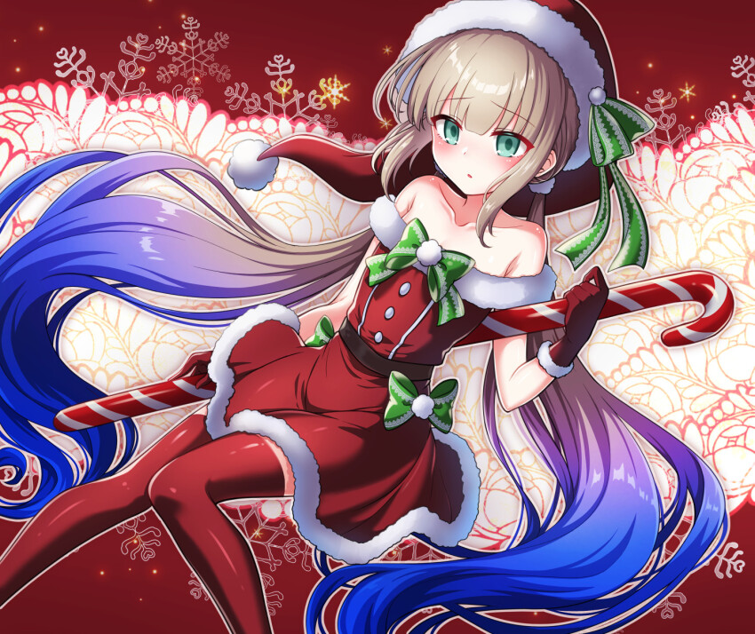1boy blue_hair captain_nemo_(fate) crossdressing dress fate/grand_order fate_(series) fur-trimmed_dress fur-trimmed_gloves fur-trimmed_headwear fur_trim gloves gradient_hair green_eyes hat highres light_brown_hair long_hair male_focus multicolored_hair nemo_(fate) red_dress red_gloves red_hat red_thighhighs santa_costume santa_dress santa_gloves santa_hat shell_ocean solo thighhighs trap twintails very_long_hair