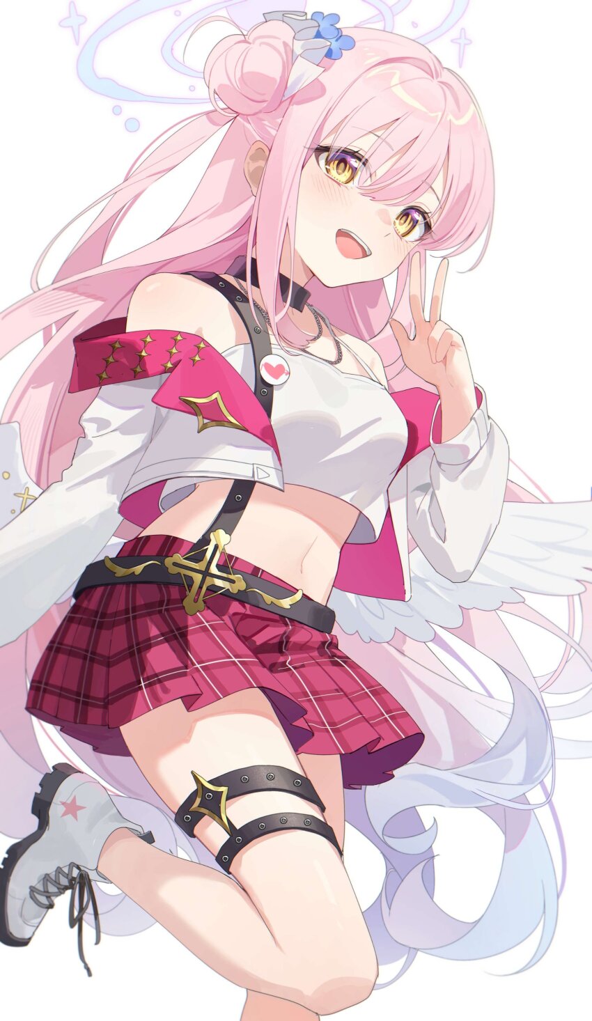 1girl :d absurdres ankle_boots bare_shoulders belt black_belt black_choker blue_archive blush boots breasts choker crop_top crop_top_overhang halo hand_up hashtag-only_commentary highres leg_up long_hair long_sleeves looking_at_viewer medium_breasts midriff mika_(blue_archive) miniskirt navel off_shoulder open_mouth pink_hair pink_skirt pleated_skirt purple_halo simple_background skirt smile solo standing standing_on_one_leg star_(symbol) studded_thigh_strap teeth thigh_strap upper_teeth_only w white_background white_boots white_wings wings yellow_eyes yunweishukuang