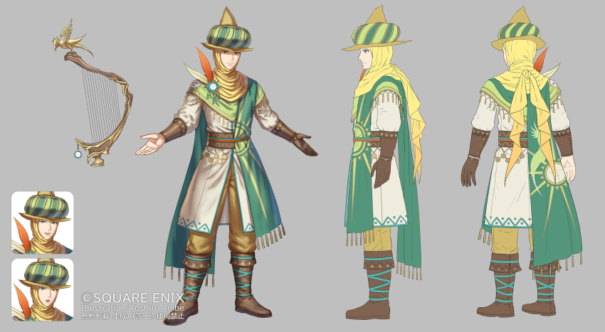 1boy anbe_yoshirou artist_name blue_eyes boots brown_boots brown_gloves character_request closed_mouth commentary_request copyright_notice expressionless full_body gloves green_hat grey_background harp hat headscarf highres instrument male_focus multiple_expressions official_art pants romancing_saga_2 saga single_glove smile standing surprised yellow_headscarf yellow_pants