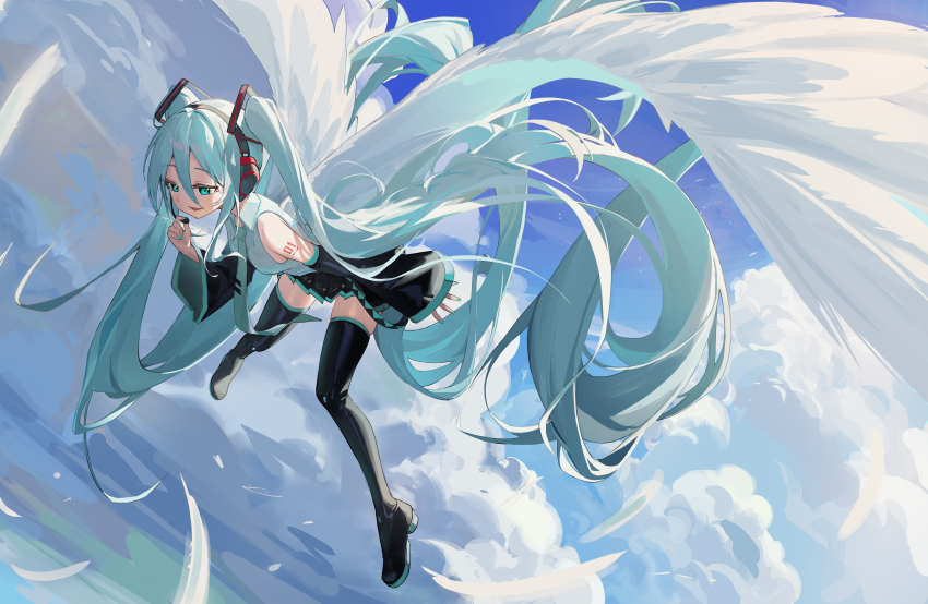 1girl absurdres aqua_eyes aqua_hair aqua_nails aqua_necktie black_skirt black_sleeves black_thighhighs chinese_commentary cloud commentary day detached_sleeves feathered_wings hatsune_miku headphones headset highres long_hair midair necktie outdoors pleated_skirt skirt sky solo suye thighhighs twintails very_long_hair vocaloid wings