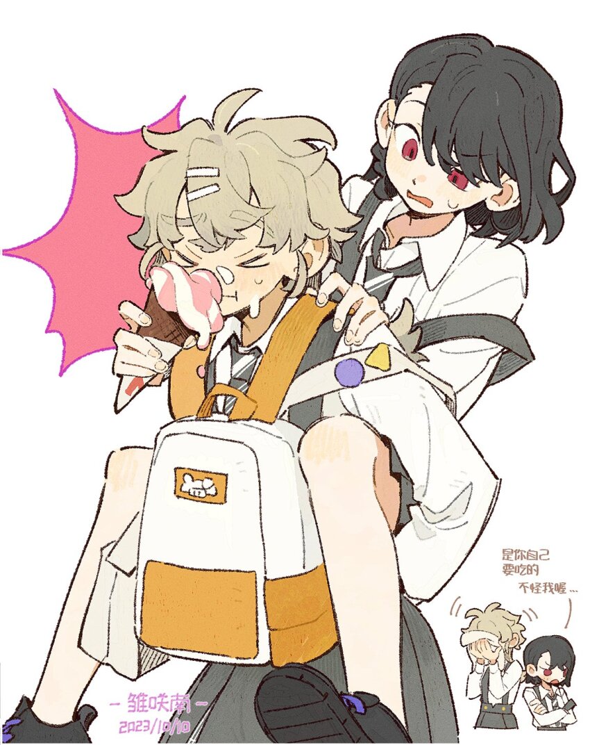 1boy 1girl backpack bag black_hair carrying carrying_person food highres ice_cream minamip original red_eyes school_uniform