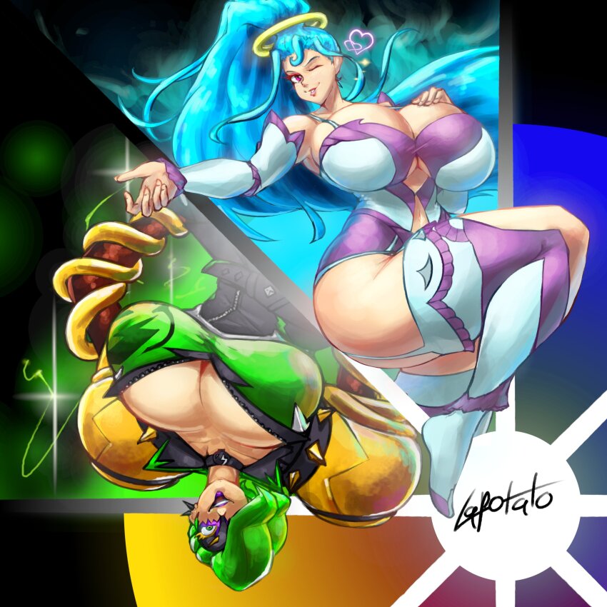 2girls ;d absurdres amazon_pandora armored_leotard arms_(game) blue_hair breasts cleavage dr._coyle female_focus green_hair hair_between_eyes heart highres kid_icarus kid_icarus_uprising la_potato large_breasts leotard long_hair makeup multiple_girls nintendo one_eye_closed open_mouth purple_eyes smile tagme thick_thighs thighs tongue tongue_out wide_hips wink