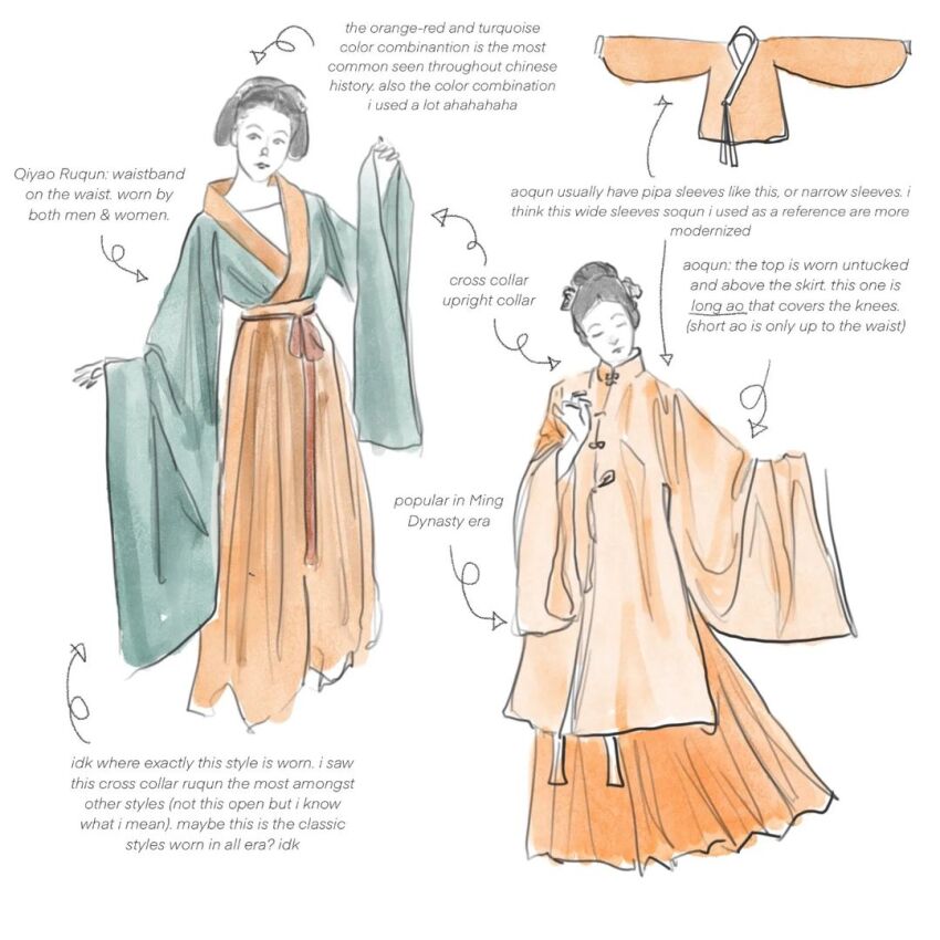 2girls aoqun beizi_(clothing) black_hair cardigan chinese_clothes clothes_focus english_text full_body green_shirt hair_bun hanfu ikhouvanhalu jiaoling_ruqun long_skirt long_sleeves multiple_girls orange_cardigan orange_hanfu orange_shirt orange_skirt original red_sash sash shirt skirt white_undershirt wide_sleeves