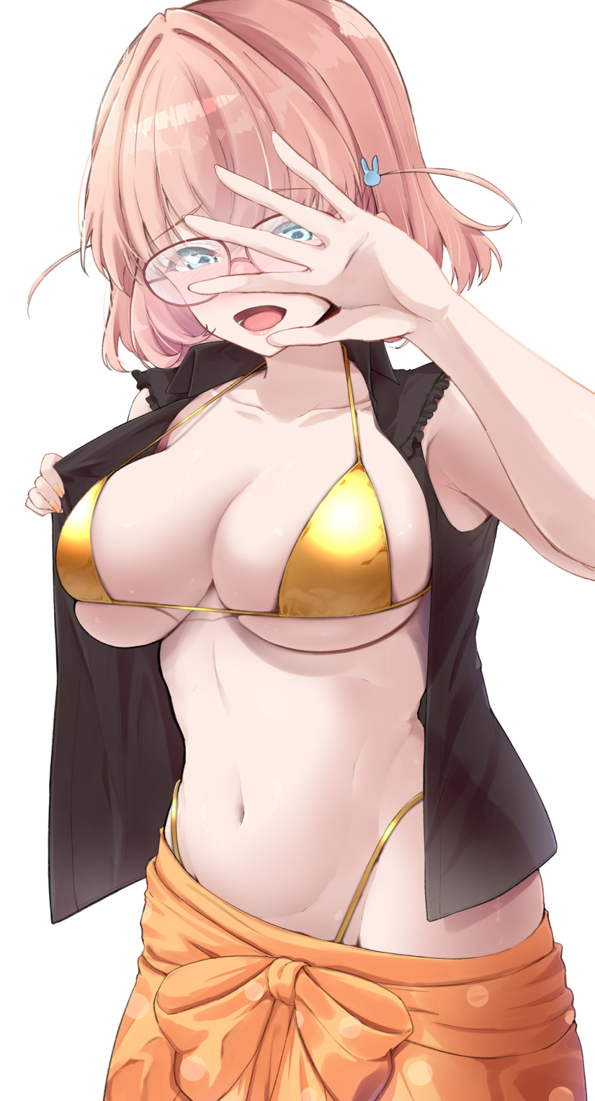 1girl bikini bikini_under_clothes black_shirt blue_eyes breasts clothes_pull collarbone collared_shirt commentary cowboy_shot embarrassed frilled_shirt frills glasses gold_bikini golden_week hair_ornament hand_over_face highleg highleg_bikini highres hinoshita_kaho hinoshita_kaho_(ishikawa_prefectural_library) large_breasts link!_like!_love_live! looking_at_viewer love_live! medium_hair navel open_clothes open_shirt orange_hair orange_skirt parisnoko polka_dot polka_dot_skirt rabbit_hair_ornament shirt simple_background skindentation skirt skirt_pull sleeveless sleeveless_shirt solo stomach strap_gap string_bikini swimsuit two_side_up virtual_youtuber white_background