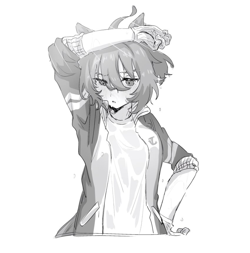 1girl agnes_tachyon_(umamusume) animal_ears cafe_mocha_08 eyelashes gloves greyscale hair_between_eyes hand_on_own_hip highres horse_ears horse_girl hot jacket light_rays long_sleeves medium_hair monochrome open_clothes open_jacket open_mouth ponytail shielding shirt sidelocks sleeves_rolled_up solo sweat umamusume
