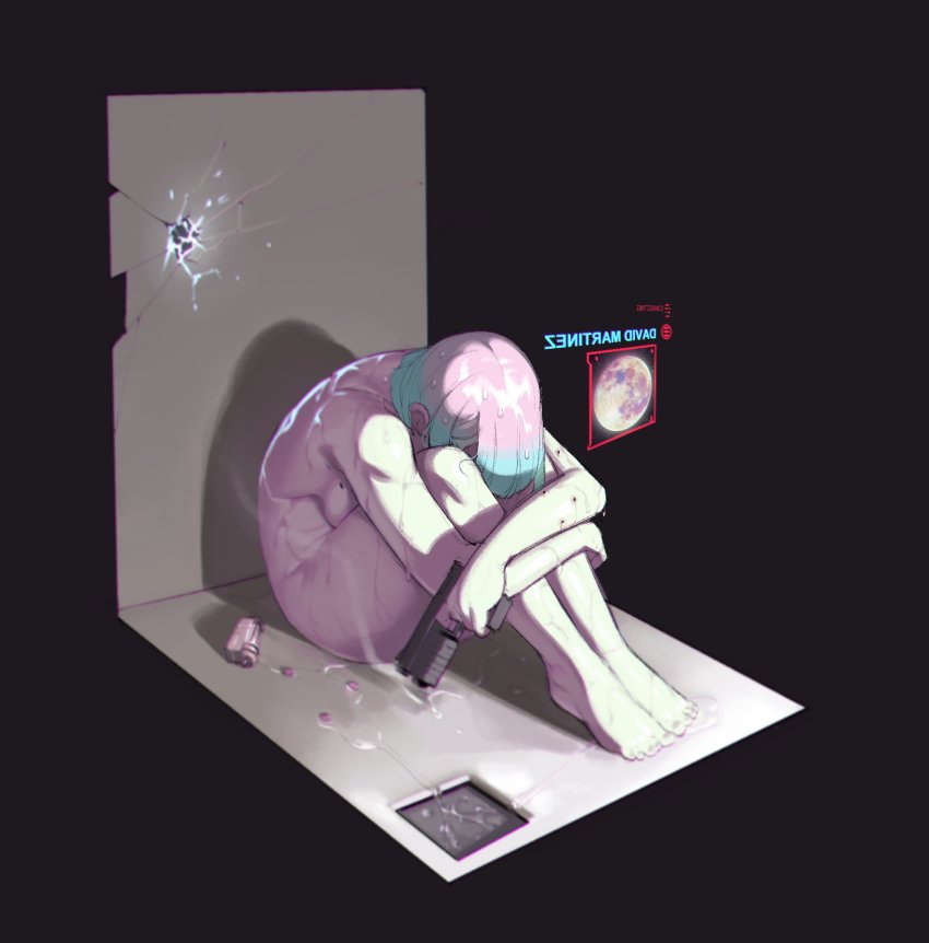 1girl aqua_hair attempted_suicide barefoot black_background bullet_hole completely_nude cyberpunk_(series) cyberpunk_edgerunners despair drain_(object) drugs finger_on_trigger gun handgun highres hugging_own_legs krekkov lucy_(cyberpunk) mirrored_text moon multicolored_hair nude pill pink_hair short_hair shower_(place) sitting smoke smoking_barrel solo spoilers track_marks two-tone_hair user_interface weapon wet