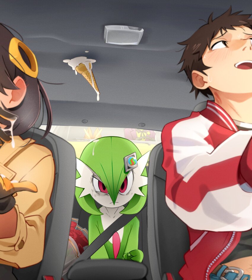 1girl 2boys absurdres angry batman_(series) belt black_hair blush brown_hair brown_jacket car dc_comics emma_(pokemon) flower food frown gardevoir gen_3_pokemon gen_4_pokemon highres ice_cream ice_cream_cone implied_after_fellatio jacket joker_catches_a_lopunny_(meme) khyle. lipstick_mark lipstick_mark_on_neck looking_to_the_side loose_belt lopunny meme messy_hair motor_vehicle multiple_boys nintendo open_clothes open_jacket pokemon pokemon_(anime) pokemon_(creature) pokemon_legends:_z-a poketoon red_eyes red_jacket rose seatbelt short_hair soft_serve suggestive_fluid the_joker vehicle_interior yuugo_(pokemon)