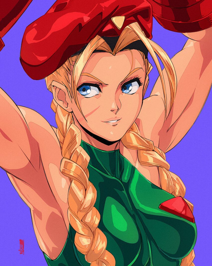 1girl armpits arms_behind_head arms_up beret blonde_hair blue_eyes braid breasts cammy_white collarbone david_liu gloves hat highres leotard long_hair looking_at_viewer scar scar_on_face solo street_fighter twin_braids