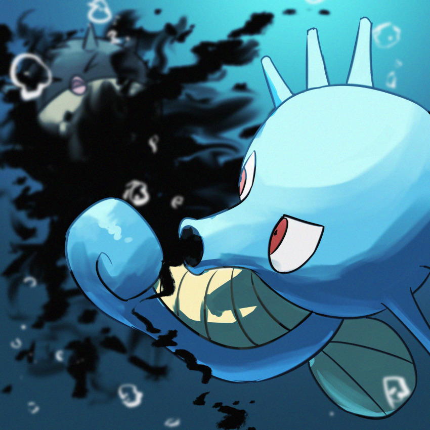 absurdres air_bubble bubble gen_1_pokemon gen_2_pokemon highres horsea ink nintendo no_humans pokemon pokemon_(creature) pokemon_focus qwilfish red_eyes solo_focus spicyichizo underwater