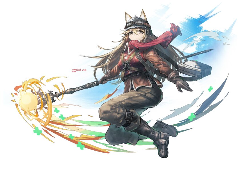 1girl absurdres animal_ears artist_name black_boots black_hat boots brown_eyes brown_hair brown_jacket brown_pants closed_mouth commentary commission ears_through_headwear english_commentary fox_ears fox_girl franlol full_body goggles goggles_on_headwear hair_between_eyes hat highres holding holding_staff jacket long_hair long_sleeves looking_at_viewer original pants red_scarf scarf simple_background smile solo staff white_background