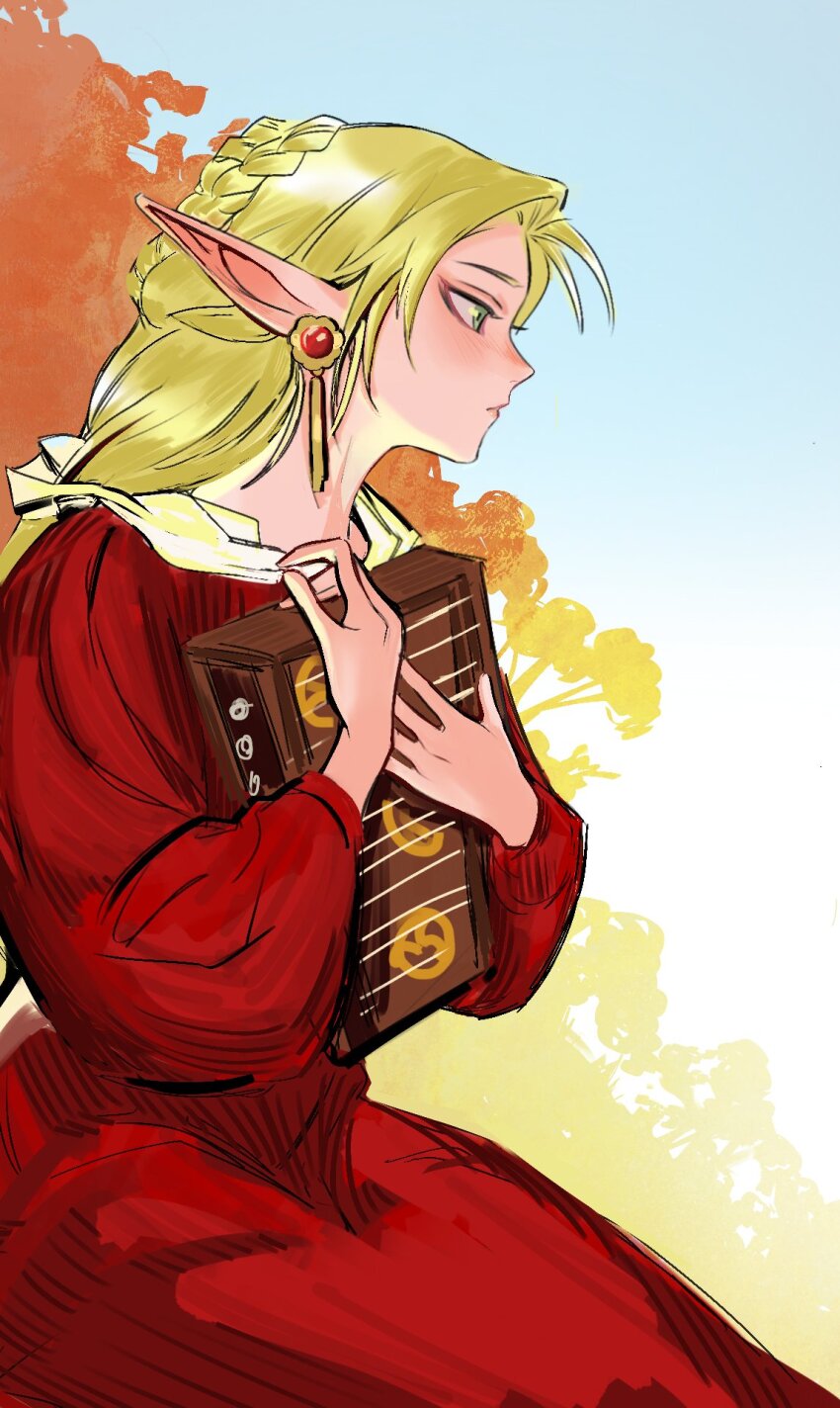 1girl blonde_hair book commentary deedlit dress earrings elf english_commentary green_eyes highres holding holding_book jewelry long_hair long_pointy_ears olivetart outdoors pointy_ears record_of_lodoss_war red_dress solo