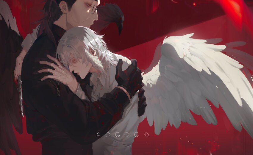 2boys absurdres angel_wings black_coat black_gloves black_hair black_wings blood blood_on_clothes blood_on_hands bloody_knife clutching_shoulder coat collared_shirt earrings expressionless eye_symbol feathered_wings glasses gloves gold_necklace gopher_wood grey_hair hair_between_eyes hair_intakes hair_slicked_back hashtag-only_commentary head_down head_wings highres holding holding_knife honkai:_star_rail honkai_(series) hug jewelry knife leaning_on_person male_focus medium_hair multiple_boys multiple_wings necklace pogogu red_background shirt simple_background step-parent_and_step-child sunday_(honkai:_star_rail) twitter_username white_hair white_shirt white_wings wings