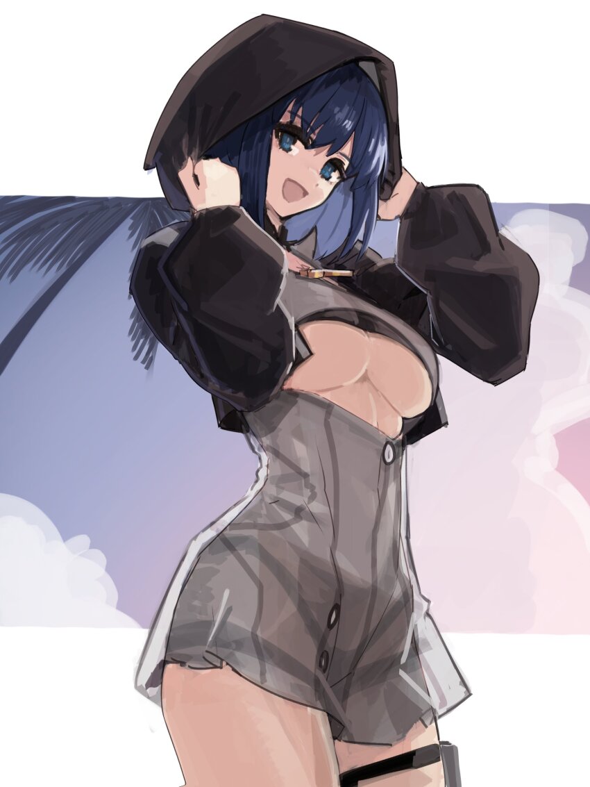 1girl black_hoodie black_jacket blue_eyes blue_hair breasts c.i.e.l_(fate) c.i.e.l_(first_ascension)_(fate) ciel_(tsukihime) clothing_cutout cowboy_shot cropped_hoodie cropped_jacket cross cross_necklace dress fate/grand_order fate_(series) from_side highres hood hood_up hoodie jacket jewelry jonyeld large_breasts latin_cross long_sleeves looking_at_viewer necklace open_clothes open_jacket open_mouth short_hair smile solo standing thigh_strap thighs type-moon underboob underboob_cutout