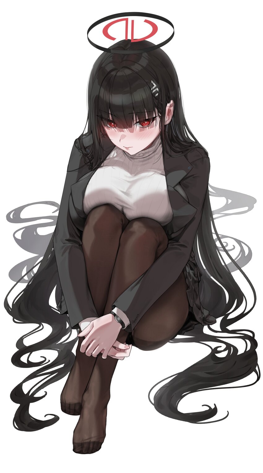 1girl absurdres alracoco artist_name black_hair black_halo black_jacket black_pantyhose black_skirt blue_archive blunt_bangs blush breasts bright_pupils closed_mouth commentary feet hair_ornament hairclip halo highres hugging_own_legs jacket large_breasts long_hair looking_at_viewer pantyhose pleated_skirt red_eyes ribbed_sweater rio_(blue_archive) simple_background sitting skirt solo sweater taut_sweater toes turtleneck turtleneck_sweater very_long_hair watch white_background white_pupils white_sweater wristwatch