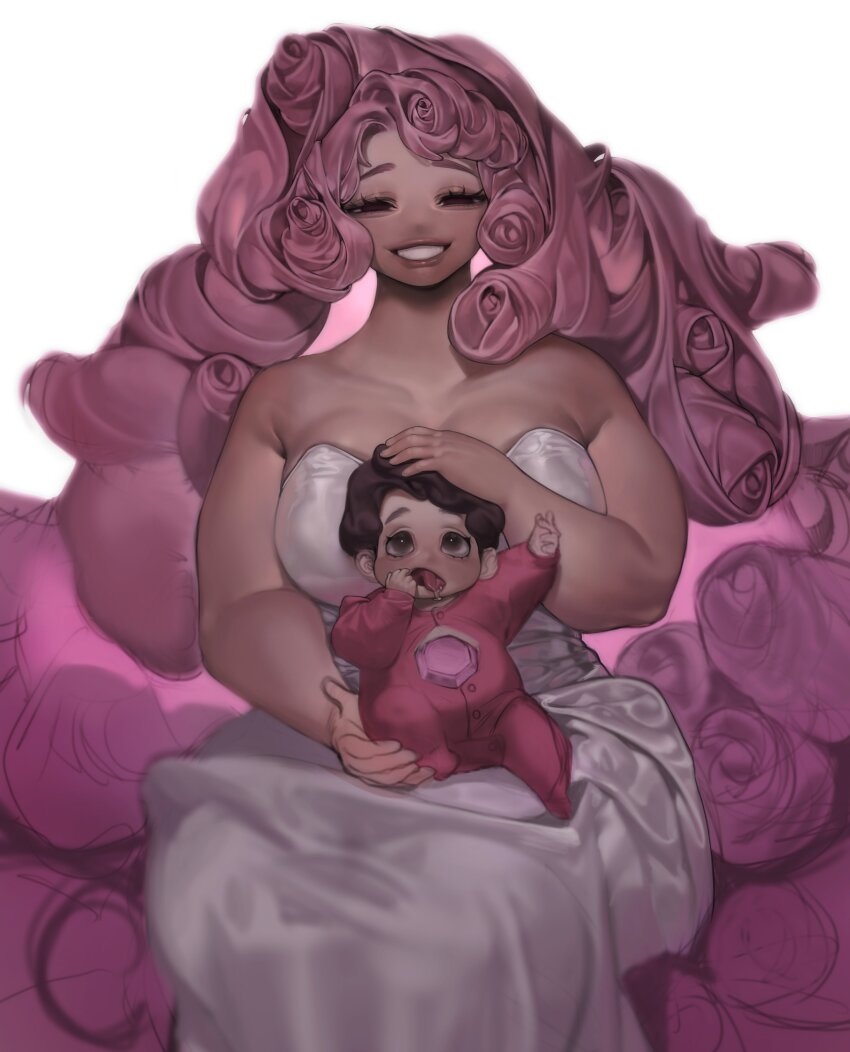 1boy 1girl absurdres baby bare_arms bare_shoulders blurry blurry_foreground breasts brown_eyes brown_hair carrying carrying_baby carrying_person cleavage clothing_cutout collarbone cowboy_shot curly_hair diamond_(gemstone) dress drooling empty_eyes gem grin hand_on_another&#039;s_head highres large_breasts long_hair looking_at_viewer mother_and_son navel_cutout no_ears onesie pink_gemstone pink_hair pink_lips plump rose_quartz_universe saliva sideboob simple_background sitting sleeveless sleeveless_dress smile steven_quartz_universe steven_universe strapless strapless_dress thick_arms tongue tongue_out tto_ja very_long_hair white_background white_dress