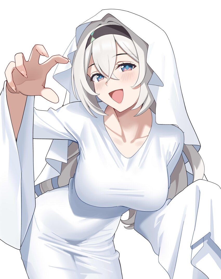 1girl :d absurdres black_hairband blue_eyes blush breasts collarbone commentary cowboy_shot english_commentary fingernails firefly_(honkai:_star_rail) freerun79 ghost_costume grey_hair hair_between_eyes hairband hand_up highres honkai:_star_rail honkai_(series) large_breasts leaning_forward long_hair looking_at_viewer open_mouth sheet_ghost simple_background smile solo white_background