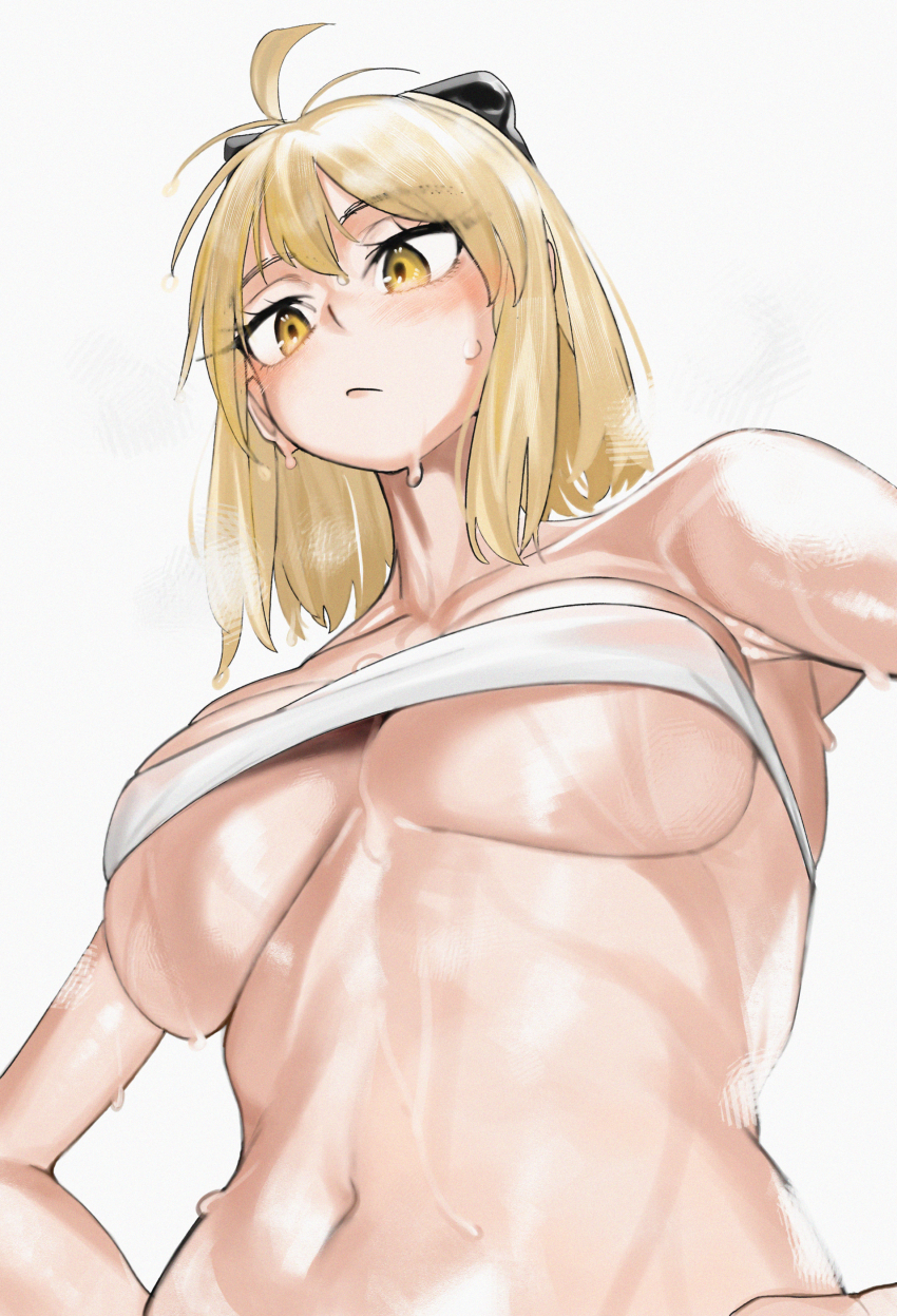 1girl absurdres ahoge armpit_crease bandaged_chest bare_shoulders blonde_hair blush breasts closed_mouth collarbone fate/grand_order fate_(series) from_below hair_between_eyes highres kamisato_sora large_breasts navel okita_souji_(fate) okita_souji_(koha-ace) short_hair simple_background solo steam sweat underboob very_sweaty white_background yellow_eyes