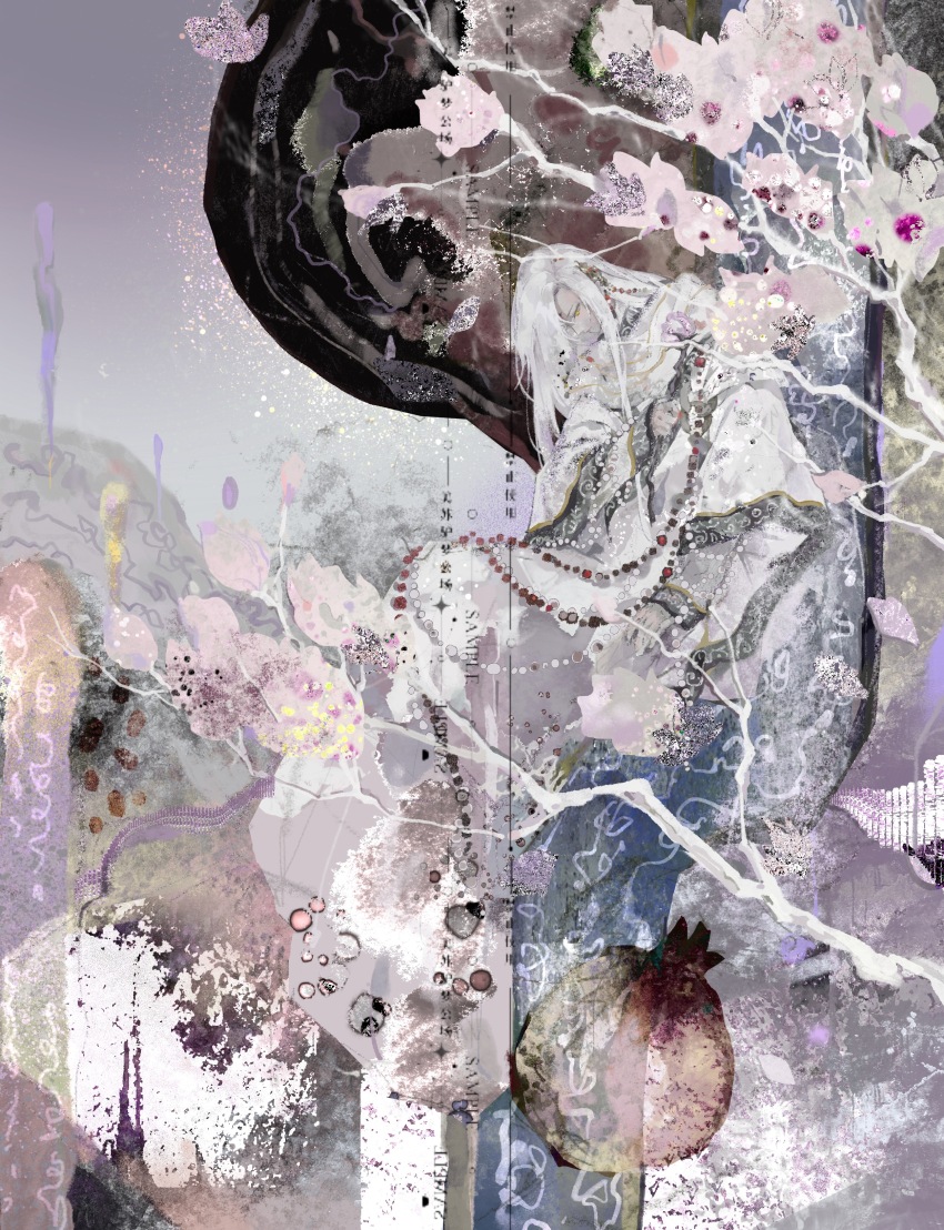 1boy abstract absurdres beads branch chinese_clothes closed_mouth flower full_body hair_ornament hanfu highres jinguang_budaixi layered_sleeves long_hair long_sidelocks long_sleeves looking_down male_focus moranhuishouquandoushigou outdoors parted_bangs prayer_beads purple_flower qiao_rulai sample_watermark side_part sidelocks sitting solo watermark white_flower white_hair white_hanfu white_sleeves yellow_eyes