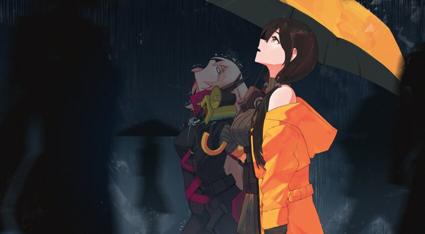 2girls 4others absurdres banana_(girls&#039;_frontline) black_gloves breasts brown_hair coat commentary english_commentary gas_mask girls&#039;_frontline gloves goku_and_vegeta_in_the_rain_(meme) highres holding holding_umbrella hood hooded_coat long_hair looking_up m4_sopmod_ii_(girls&#039;_frontline) m4_sopmod_ii_(mod3)_(girls&#039;_frontline) mask meme multicolored_hair multiple_girls multiple_others open_mouth pink_hair rain red_hair ro635_(girls&#039;_frontline) ro635_(mod3)_(girls&#039;_frontline) silhouette streaked_hair tongue tongue_out umbrella variasii yellow_coat yellow_eyes