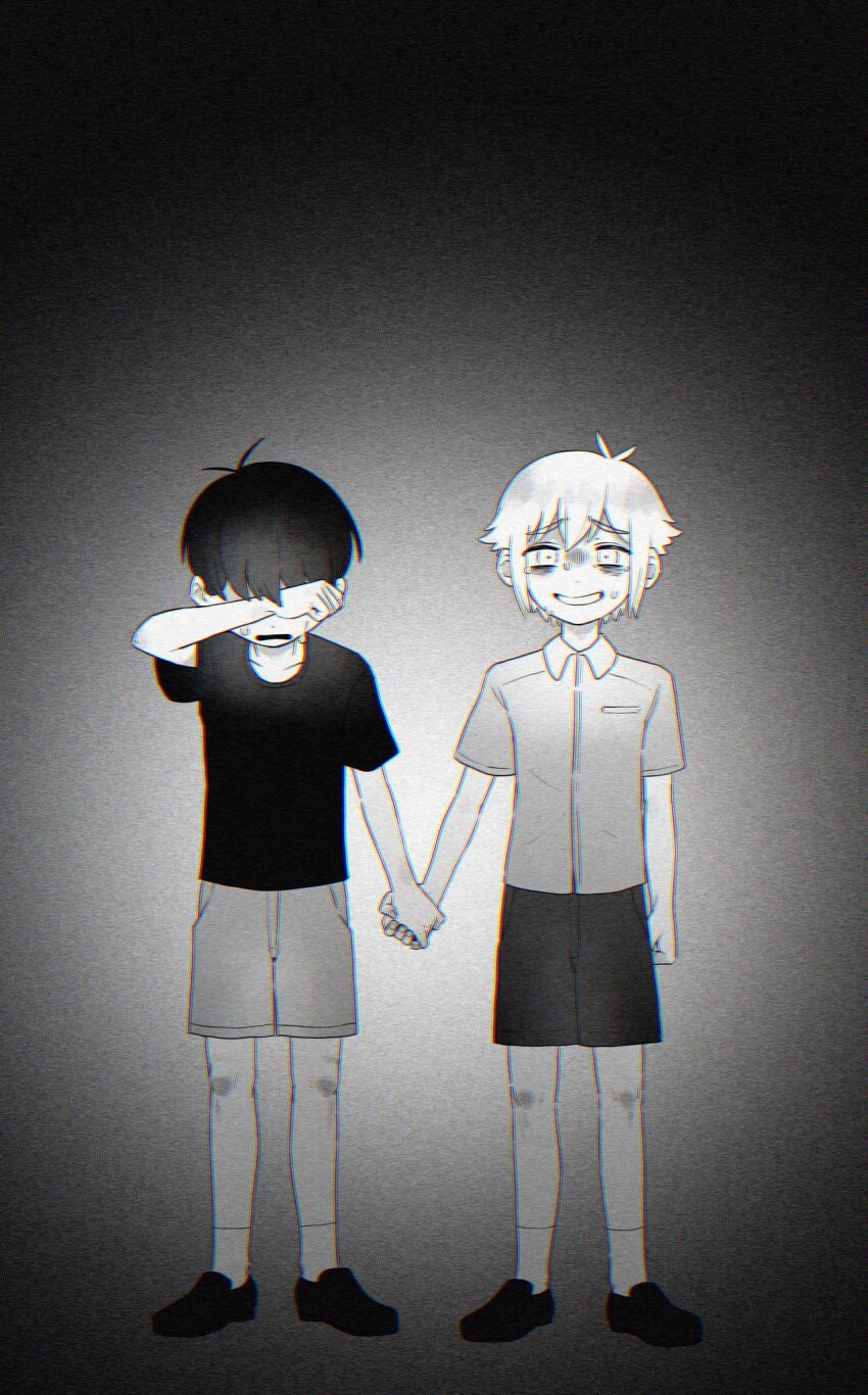 2boys arm_up basil_(faraway)_(omori) basil_(omori) collared_shirt covering_own_eyes crying greyscale highres holding_hands looking_at_viewer male_focus miranosub monochrome multiple_boys nervous_smile nervous_sweating omori shirt short_hair short_sleeves shorts smile socks sunny_(omori) sweat t-shirt