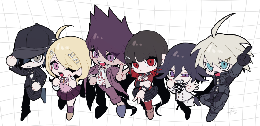 2girls 4boys ahoge akamatsu_kaede android armor black_gloves black_hair black_hat blonde_hair blue_eyes brown_hair buttons checkered_clothes checkered_scarf chibi chibi_only collared_jacket commentary danganronpa_(series) danganronpa_v3:_killing_harmony eyelashes flipped_hair fortissimo gaba33 giggling gloves grid_background grin hair_between_eyes hair_ornament happy harukawa_maki hat highres jacket k1-b0 long_hair long_sleeves looking_at_viewer low_twintails momota_kaito multiple_boys multiple_girls musical_note musical_note_hair_ornament oma_kokichi one_eye_closed open_mouth pants pink_eyes pink_sweater_vest pink_vest pleated_skirt power_armor purple_eyes purple_hair red_eyes red_scrunchie red_thighhighs saihara_shuichi scarf school_uniform scrunchie shirt short_hair simple_background skirt smile spiked_hair striped_clothes striped_jacket sweater_vest teeth thighhighs twintails two-tone_scarf v very_long_hair vest white_hair