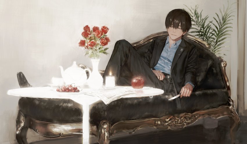 1boy apple black_footwear black_hair black_pants blue_shirt candle cherry closed_eyes closed_mouth flower food formal_clothes fruit highres hirota_tsuu indoors male_focus original pants pillow plant potted_plant red_flower red_rose rose shirt sitting solo suit table teapot vase