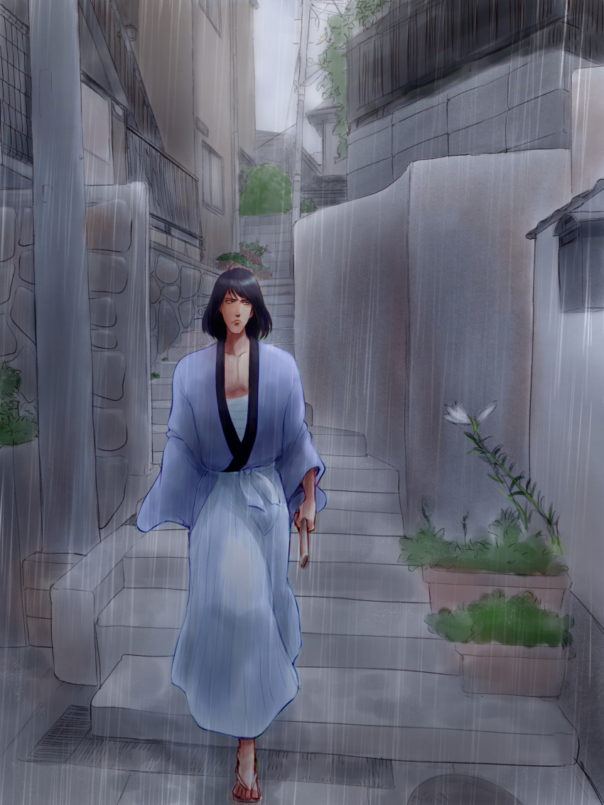 1boy black_hair collarbone goekakisan_(adelma) grey_hakama hakama highres house ishikawa_goemon_xiii japanese_clothes lupin_iii male_focus rain rural short_hair sidewalk solo stairs stone_stairs stone_wall sword unhappy utility_pole weapon wet wet_clothes wet_hair