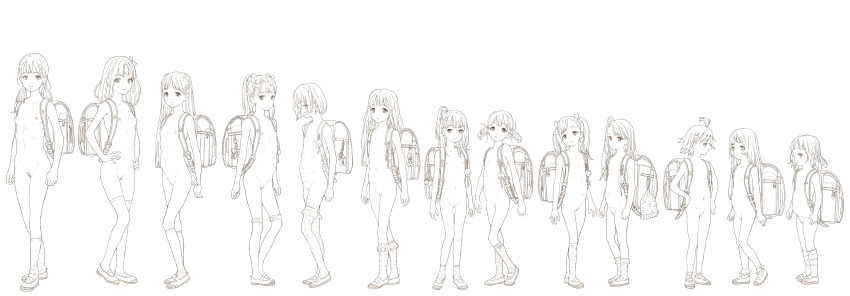 6+girls absurdres backpack bag barefoot blush bob_cut braid breasts charm_(object) child female_pubic_hair full_body glasses greyscale hair_ornament hair_ribbon highres kusanagi_koyori lineart lineup loli long_hair looking_at_viewer medium_breasts milk_tissue_girl monochrome multiple_girls navel nipples nude omamori open_mouth ponytail pubic_hair pussy randoseru ribbon school_uniform short_hair simple_background skirt small_breasts smile standing thighhighs twintails white_background