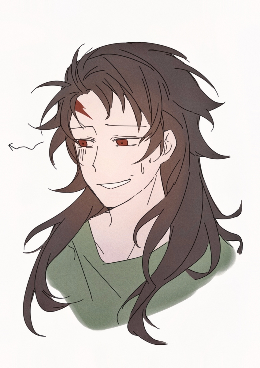 1boy absurdres arrow_(symbol) brown_hair chinese_commentary commentary_request cropped_shoulders film_grain green_shirt grin harada_minoru highres long_hair male_focus no_sclera red_eyes saibou_shinkyoku scar scar_on_face scar_on_forehead shikira_(shikira753) shirt simple_background smile solo sweat white_background