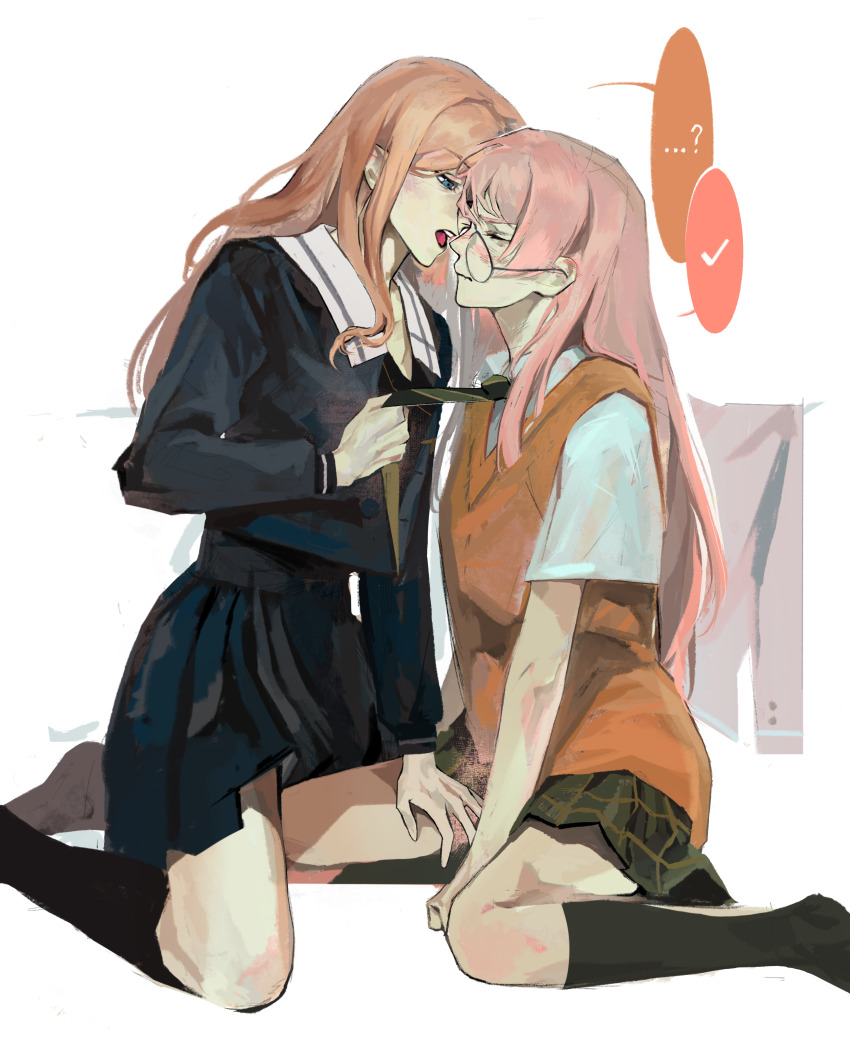 2girls absurdres bang_dream! bang_dream!_it&#039;s_mygo!!!!! bethere black_shirt black_skirt black_socks blue_eyes brown_hair chihaya_anon chinese_commentary closed_eyes closed_mouth clothes_grab collared_shirt commentary_request glasses green_necktie green_skirt haneoka_school_uniform highres kneehighs long_hair multiple_girls nagasaki_soyo necktie necktie_grab neckwear_grab orange_sweater_vest pink_hair plaid_clothes plaid_skirt pleated_skirt sailor_collar school_uniform shirt short_sleeves simple_background skirt socks speech_bubble sweater_vest tsukinomori_school_uniform white_background white_sailor_collar white_shirt yuri
