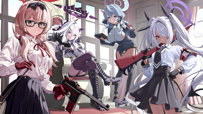 4girls absurdres ako_(blue_archive) black-framed_eyewear black_coat black_footwear black_gloves black_hairband black_horns black_jacket black_necktie black_skirt black_tail black_thighhighs blue_archive blue_eyes blue_hair blue_halo bocchi_(kuropom7) bolt_action boots breasts brown_eyes brown_hair buttons chinatsu_(blue_archive) closed_mouth coat coat_on_shoulders collared_shirt dark-skinned_female dark_skin demon_horns demon_tail fur-trimmed_coat fur_trim glasses gloves grey_hair gun hair_between_eyes hair_over_one_eye hairband halo handgun highres hina_(blue_archive) holding holding_gun holding_weapon horns indoors iori_(blue_archive) jacket large_breasts long_hair long_sleeves mauser_98 mauser_c96 medium_breasts multiple_girls multiple_horns necktie pleated_skirt prefect_team_(blue_archive) purple_eyes purple_halo red_eyes red_halo rifle shirt sideboob sitting skirt small_breasts smile tail thighhighs twintails weapon white_hair white_shirt