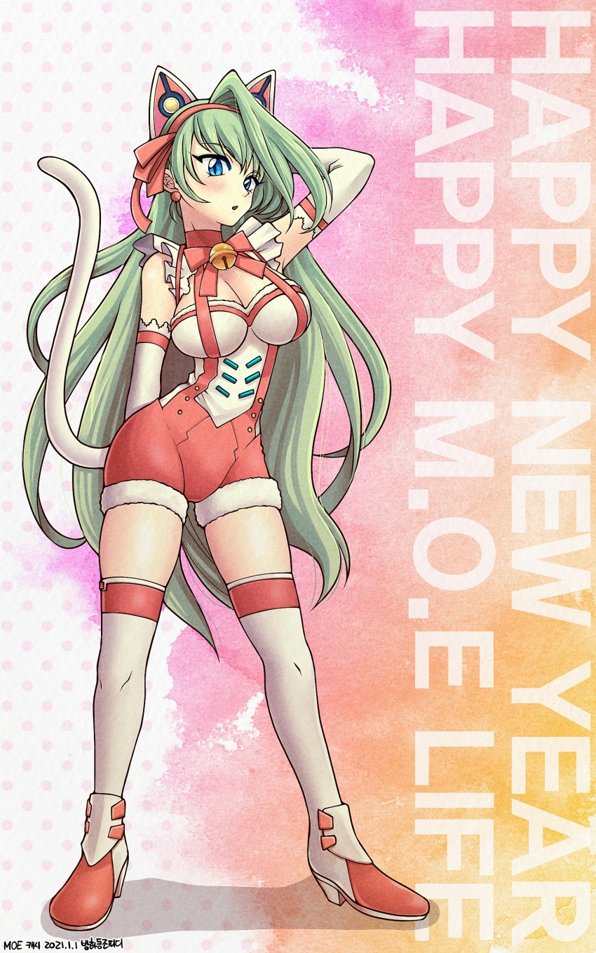 1girl absurdres animal_ear_hairband animal_ears arm_behind_head arm_up artist_name banghwadongjopidi bell blue_eyes blush boots bow bowtie breasts cassie_(master_of_eternity) cat_ear_hairband cat_ears cat_tail character_name cleavage commentary_request contrapposto copyright_name dated detached_sleeves earrings english_text fake_animal_ears fake_tail green_hair hairband happy_new_year high_heels highres jewelry jingle_bell korean_commentary large_breasts long_hair looking_at_viewer master_of_eternity neck_ribbon new_year parted_lips partial_commentary pink_bow pink_hairband polka_dot polka_dot_background ribbon solo tail thigh_boots very_long_hair white_boots white_sleeves white_tail