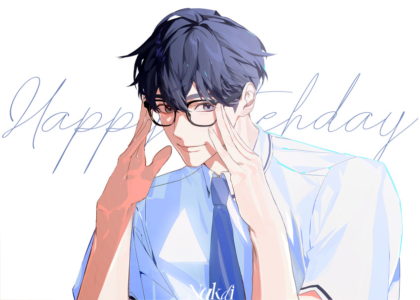 1boy absurdres adjusting_eyewear blue_hair blue_necktie closed_mouth glasses hair_between_eyes happy_birthday highres k-pop looking_at_viewer male_focus nakddidi necktie plave shirt short_hair short_sleeves simple_background smile solo upper_body white_background white_shirt yejun_(plave)