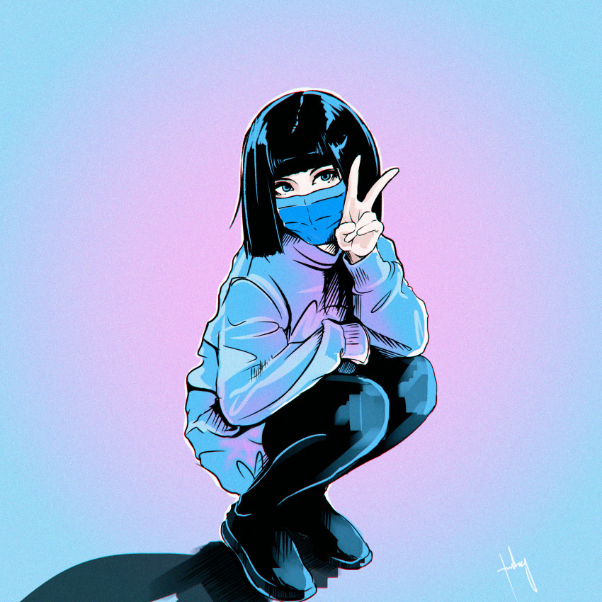 1girl absurdres black_hair blue_mask blue_sweater blunt_bangs commentary_request female_focus full_body gradient_background highres long_hair long_sleeves mask mouth_mask original sergey_orlov signature solo squatting surgical_mask sweater v