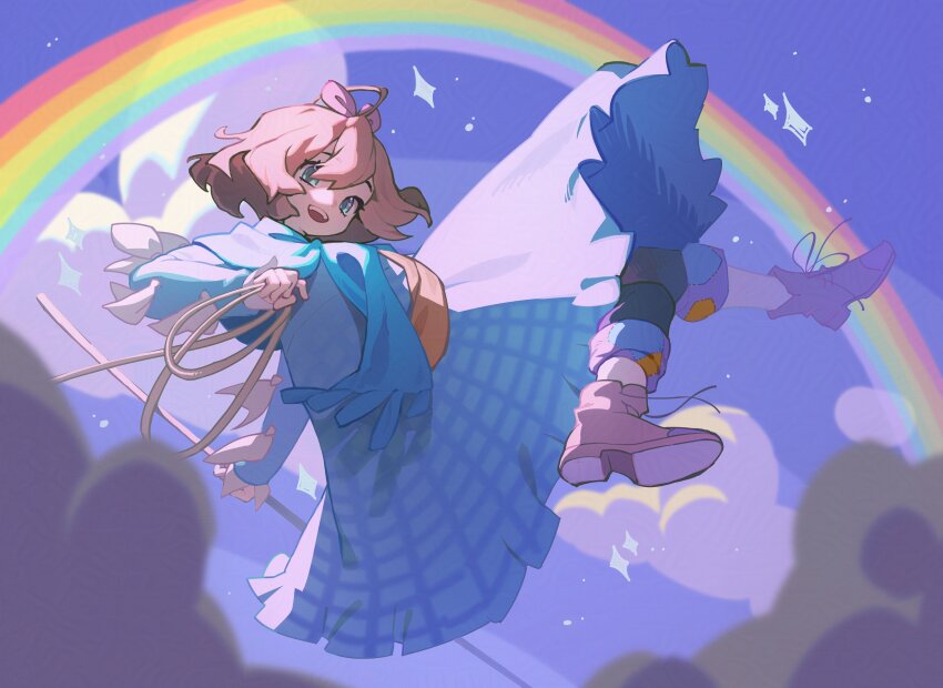 1girl :d above_clouds absurdres adversarial_noise ahoge ankle_boots blue_dress blue_eyes blue_pants blue_scarf blue_sky boots bow brown_boots brown_hair cloud day dress floating flutterpage full_body grid_print hair_bow highres holding holding_rod holding_rope long_dress looking_at_viewer open_mouth orange_scarf pants pants_under_dress pink_bow rainbow reverse:1999 rod rope scarf short_hair sky smile solo takiminada tent_dress two-tone_scarf
