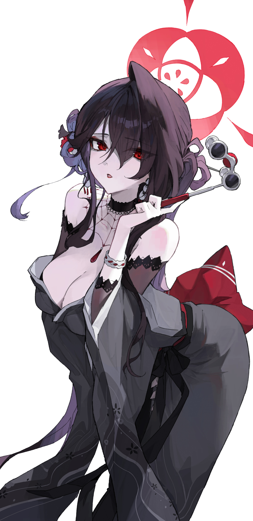1-5iro 1girl absurdres bare_shoulders black_hair blue_archive breasts choker cleavage collarbone earrings eyeliner grey_kimono hair_ornament hair_stick halo highres japanese_clothes jewelry kimono kokuriko_(blue_archive) large_breasts lipstick long_hair long_sleeves looking_at_viewer makeup obi off_shoulder open_mouth opera_glasses red_eyes red_lips sash sidelocks solo spider_web_pattern tassel wide_sleeves