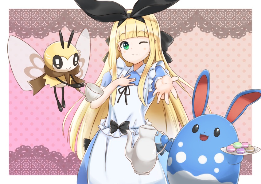 1girl :d ;) absurdres alice_(alice_in_wonderland) alice_(alice_in_wonderland)_(cosplay) alice_in_wonderland apron azumarill bad_hand black_bow blonde_hair blunt_bangs blush bow cosplay crossover cup dotted_background food gen_2_pokemon gen_7_pokemon green_eyes hair_bow hand_out highres long_hair macaron minatototon1020 mononobe_alice mononobe_alice_(1st_costume) nijisanji nintendo one_eye_closed open_mouth plate pokemon purple_background reaching reaching_towards_viewer ribombee smile standing teacup teapot virtual_youtuber
