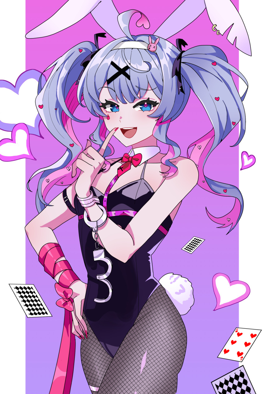 1girl :d ahoge animal_ears arm_ribbon asdff9919 bare_shoulders black_leotard black_pantyhose blue_eyes blue_hair bow bowtie card colored_inner_hair cowboy_shot cuffs detached_collar fake_animal_ears fake_tail finger_to_mouth fishnet_pantyhose fishnets gradient_background hair_ornament hand_on_own_hip hand_up handcuffs hatsune_miku heart highleg highleg_leotard highres index_finger_raised leotard long_hair looking_at_viewer miku_day multicolored_hair open_mouth pantyhose pillarboxed pink_background pink_hair pink_pupils playboy_bunny playing_card purple_background rabbit_ears rabbit_hole_(vocaloid) rabbit_tail red_bow red_bowtie red_ribbon ribbon six_of_hearts smile solo spaghetti_strap tail teardrop_facial_mark teeth twintails upper_teeth_only vocaloid x_hair_ornament