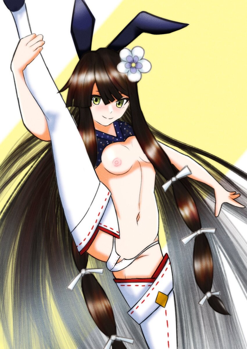 1girl adapted_costume breasts brown_hair grimms_notes hisao_illust kaguyahime_(gekkou)_(grimms_notes) meme_attire nipples reverse_bunnysuit reverse_outfit solo split standing standing_on_one_leg standing_split
