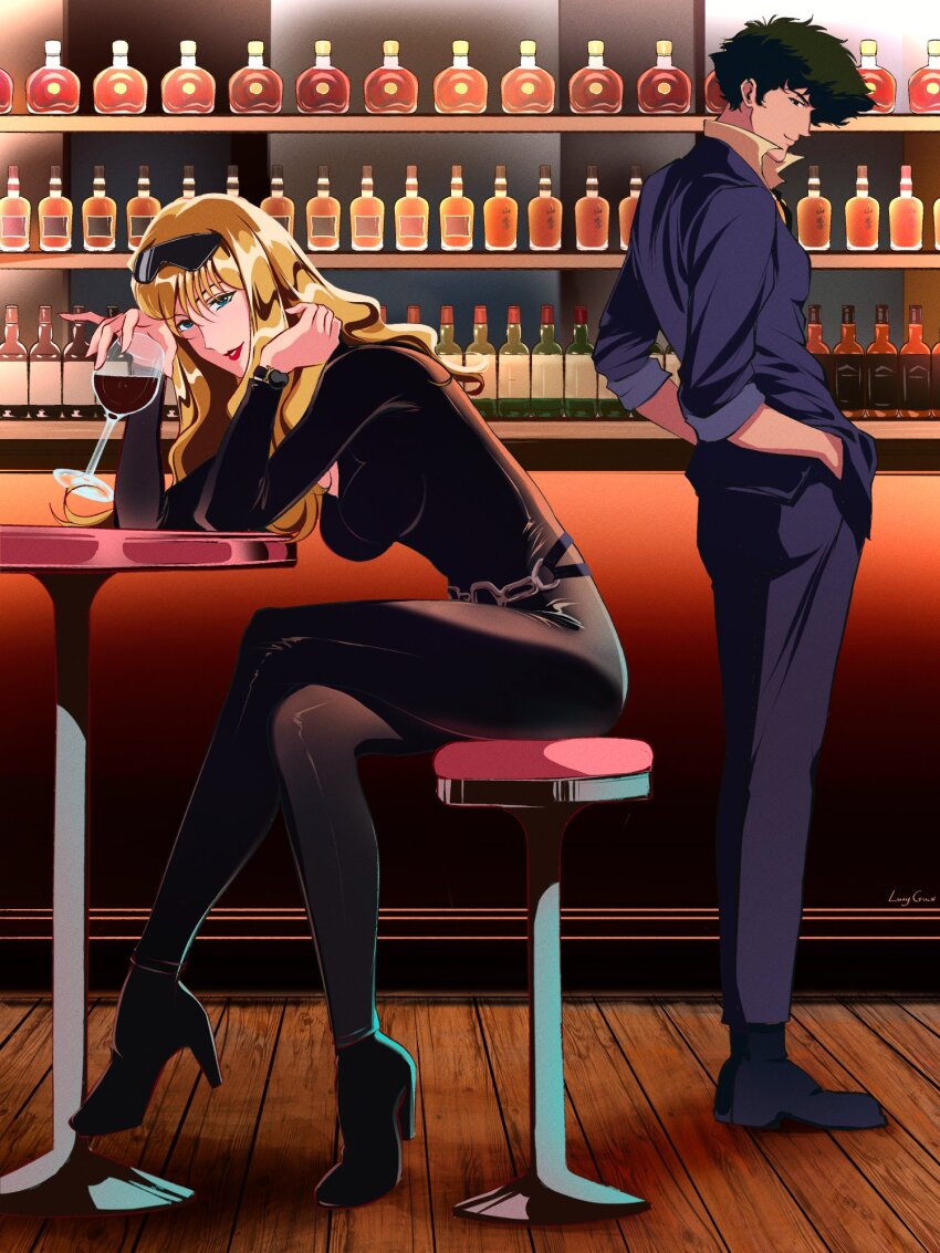 1boy 1girl alcohol blonde_hair blue_eyes boots bottle brown_eyes catsuit couple cowboy_bebop curly_hair green_hair highres julia_(cowboy_bebop) leather lipstick lucyguusi makeup non-web_source spike_spiegel sunglasses