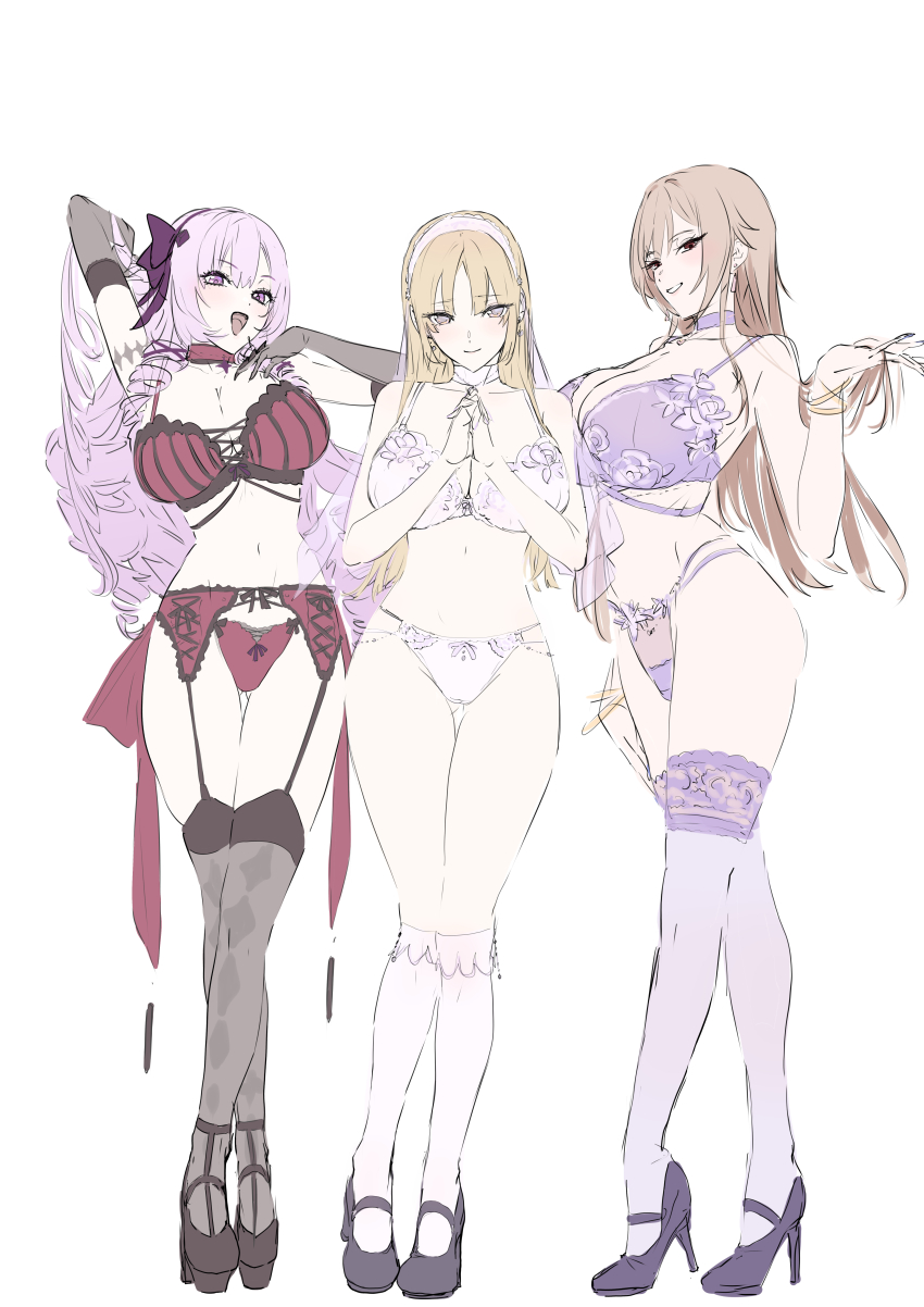 3girls :d absurdres bare_shoulders black_footwear black_gloves black_thighhighs blonde_hair bra breasts brown_hair cleavage elbow_gloves furen_e_lustario garter_belt garter_straps gloves grin hairband high_heels highres hyakumantenbara_salome kneehighs large_breasts long_hair looking_at_viewer mary_janes mogi_yasunobu multiple_girls navel nijisanji open_mouth own_hands_together panties purple_bra purple_eyes purple_footwear purple_hair purple_panties purple_thighhighs red_eyes shoes simple_background sister_claire sketch smile socks thighhighs underwear underwear_only virtual_youtuber white_background white_bra white_panties white_socks