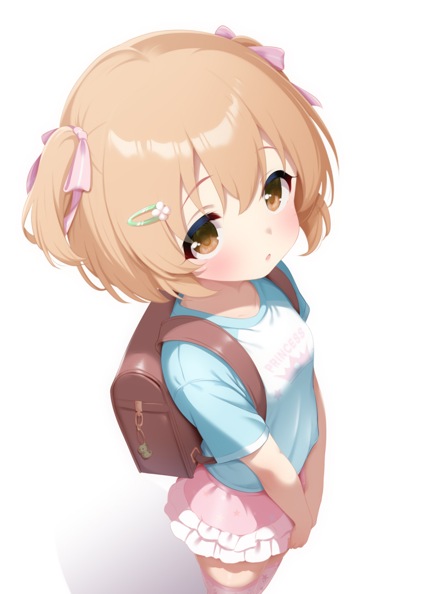 1girl :o backpack bag bag_charm blue_shirt brown_bag brown_eyes brown_hair charm_(object) child clothes_writing commentary_request cowboy_shot flower hair_flower hair_ornament hair_ribbon hairclip heisei_retro highres hosizora_mikoto idolmaster idolmaster_cinderella_girls jojifuku koga_koharu looking_at_viewer medium_hair open_mouth pink_ribbon pink_skirt print_skirt print_thighhighs randoseru ribbon shirt short_sleeves skirt solo star_(symbol) star_print t-shirt thighhighs two_side_up white_background white_thighhighs