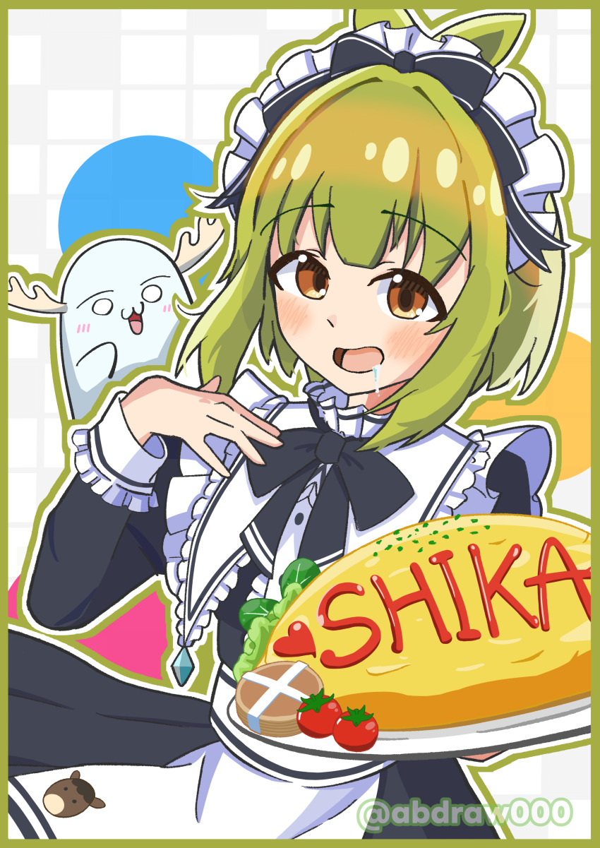 abdraw absurdres alternate_costume antlers apron bashame_meme black_dress blush brown_eyes deer deer_antlers deer_cracker deer_girl dress drooling frilled_apron frills green_hair highres holding horns long_sleeves maid maid_apron maid_headdress multiple_girls open_mouth plant_hair shikanoko_noko shikanoko_nokonoko_koshitantan short_hair skirt smile tray waist_apron white_apron