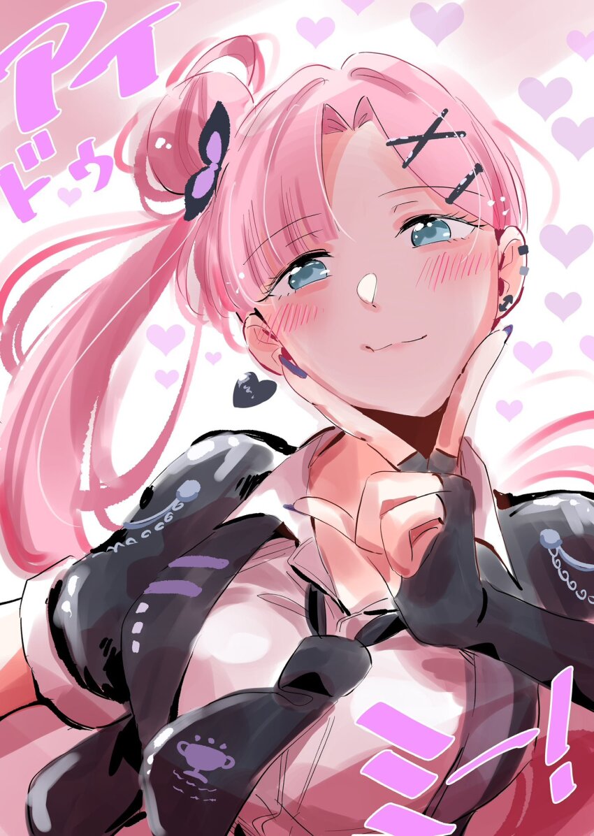 1girl anyoji_hime black_gloves black_jacket black_necktie blue_eyes blush breasts collared_shirt commentary curtained_hair dress_shirt ear_piercing earrings elbow_gloves erako9 fingerless_gloves gloves hair_bun hair_intakes hair_ornament heart heart_earrings highres i_do_me!_(love_live!) jacket jewelry large_breasts link!_like!_love_live! long_hair looking_at_viewer love_live! necktie official_alternate_costume official_alternate_hairstyle open_clothes open_jacket piercing pink_hair shirt short-sleeved_jacket short_sleeves side_ponytail single_earring single_side_bun solo upper_body v virtual_youtuber white_shirt x_hair_ornament