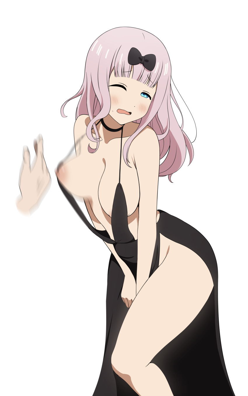 1girl 1other absurdres alternate_costume areola_slip black_bow black_dress blue_eyes blunt_bangs bow breast_slap breasts cleavage coro_fae dress fujiwara_chika hair_bow highres kaguya-sama_wa_kokurasetai_~tensai-tachi_no_renai_zunousen~ large_breasts long_hair looking_at_viewer motion_blur one_eye_closed pink_hair simple_background slapping solo_focus v_arms white_background