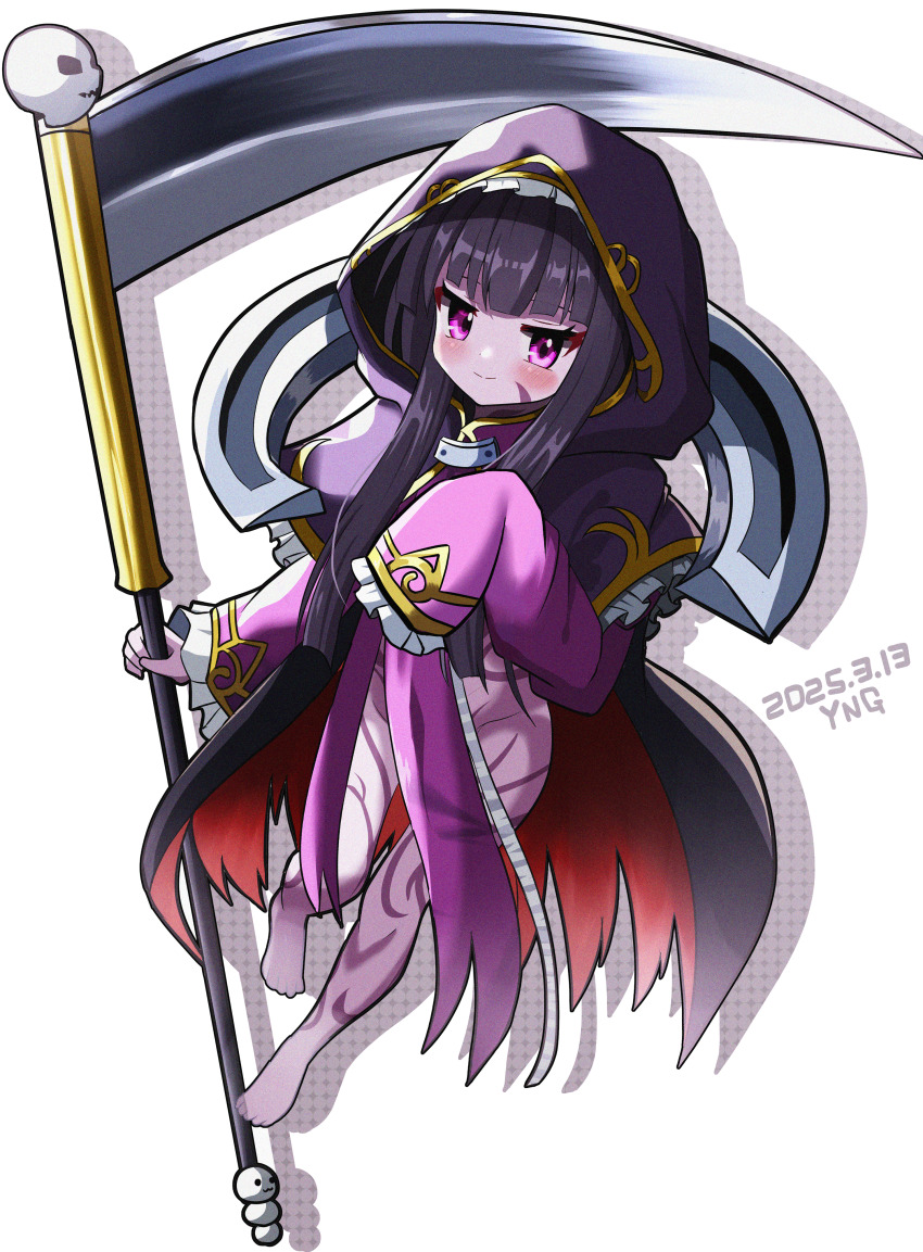 1girl absurdres artist_name barefoot black_hair body_markings cloak colored_skin dated death_alma emil_chronicle_online highres holding holding_scythe hood hooded_jacket jacket purple_eyes purple_skin scythe shinigami yanapy